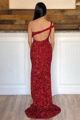 Mermaid One Shoulder Red Sequins Long Prom Dress with Silt