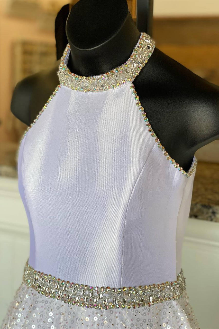 Sparkle A-line White Halter Long Fromal Dress