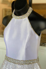 Sparkle A-line White Halter Long Fromal Dress