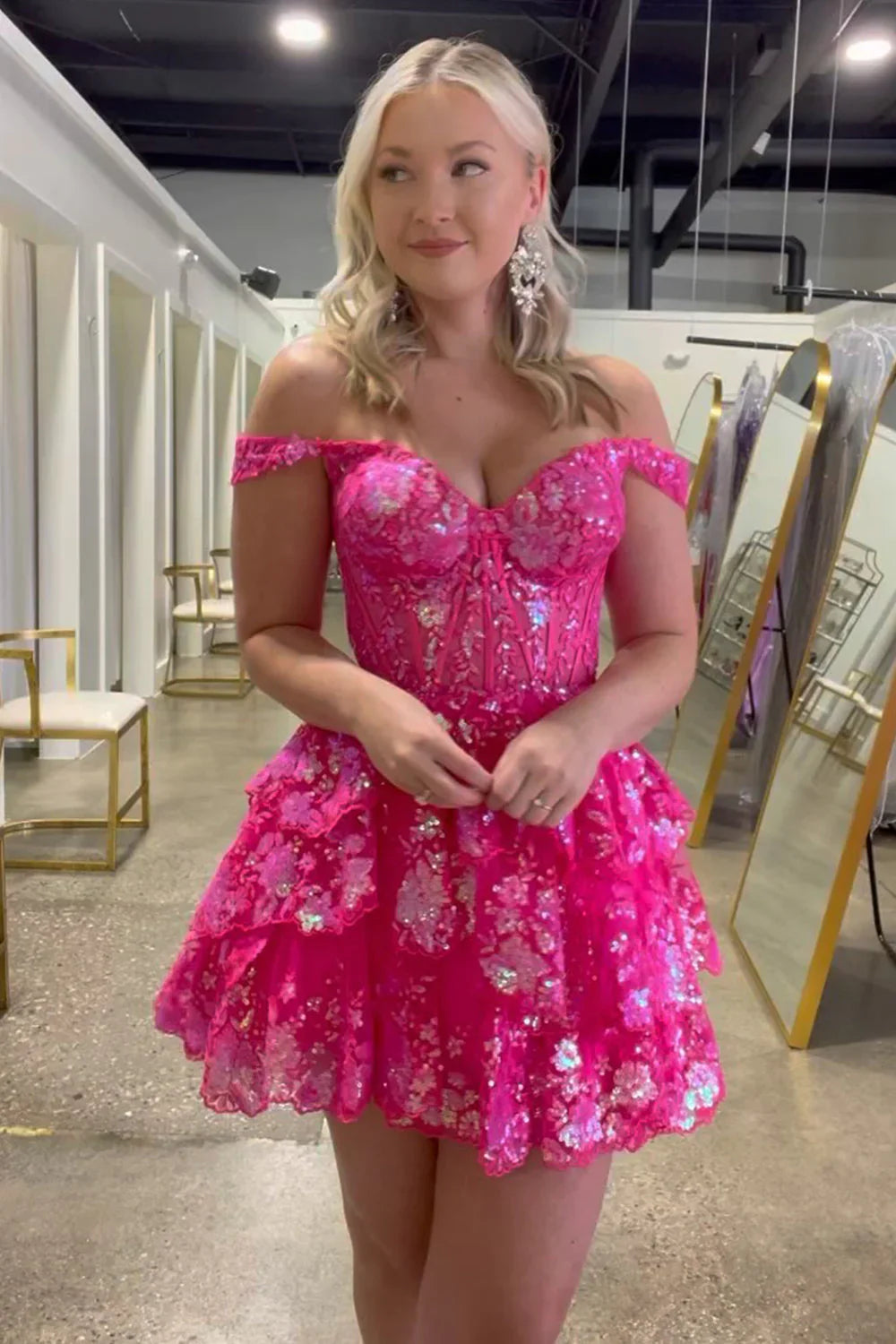 A Line Fchsia Homecoming Dress Seeing Sparkles Off the Shoulder with Ruffles