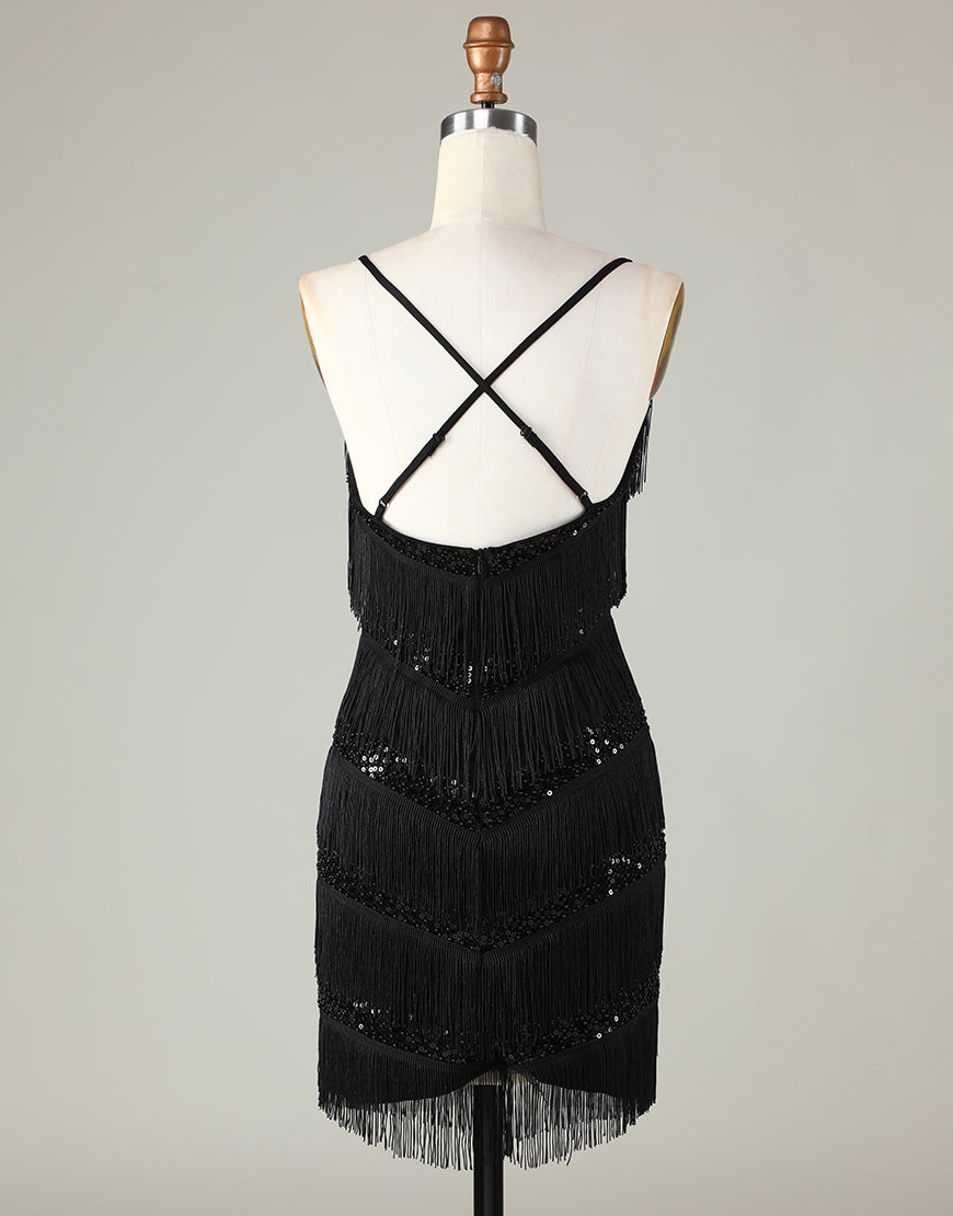 Gorgeous Black V-Neck Tight Tassel Homecoming Dress