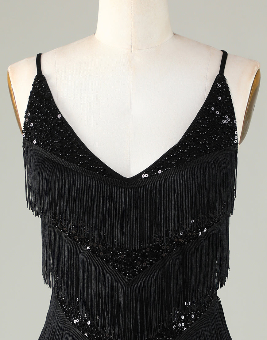 Gorgeous Black V-Neck Tight Tassel Homecoming Dress
