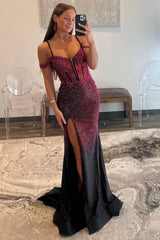 Luxurious Burgundy Mermaid Off The Shoulder Long Corset Beaded Prom Dress