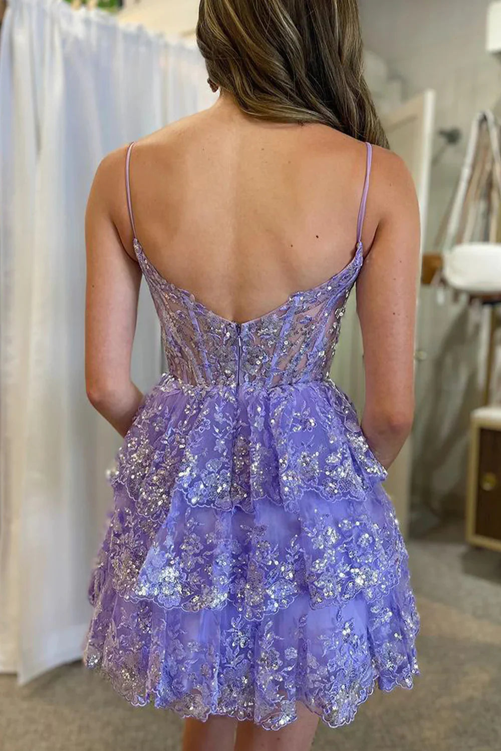 A Line Lilac Short Spaghetti Straps Homecoming Dress with Lace Ruffles