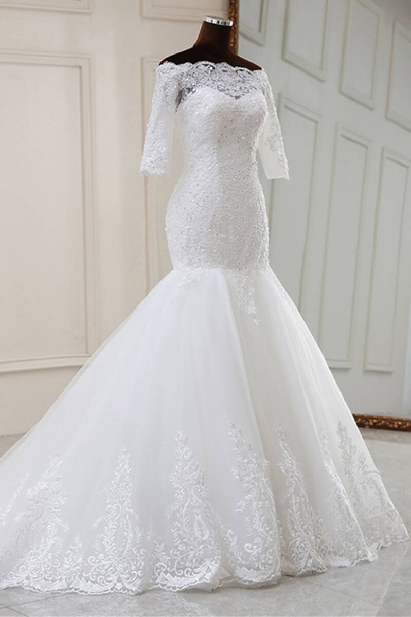 White Lace Off-the-Shoulder Half Sleeve Trumpet Wedding Dress