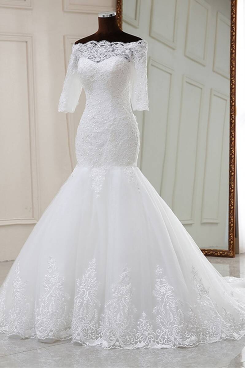 White Lace Off-the-Shoulder Half Sleeve Trumpet Wedding Dress