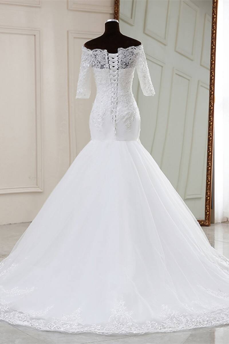 White Lace Off-the-Shoulder Half Sleeve Trumpet Wedding Dress