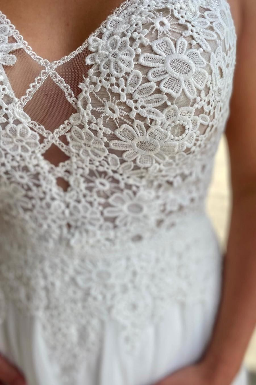 White Lace Straps Backless Long Wedding Dress