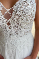 White Lace Straps Backless Long Wedding Dress