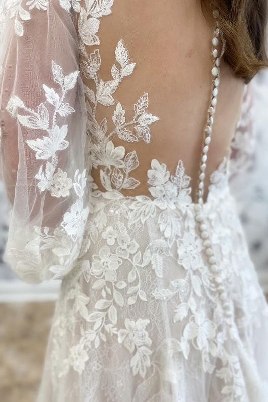 White Appliques Round Neck Long Sleeve A-Line Wedding Dress
