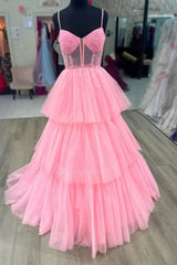 Charming A Line Spaghetti Straps Pink Corset Prom Dress with Appliques