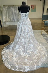 White Appliques Sweetheart Spaghetti Strap Long Wedding Dress