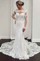 White Lace Cutout Long Sleeves Trumpet Bridal Gown