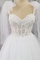 White Tulle Sweetheart Lace-Up A-Line Long Wedding Dress