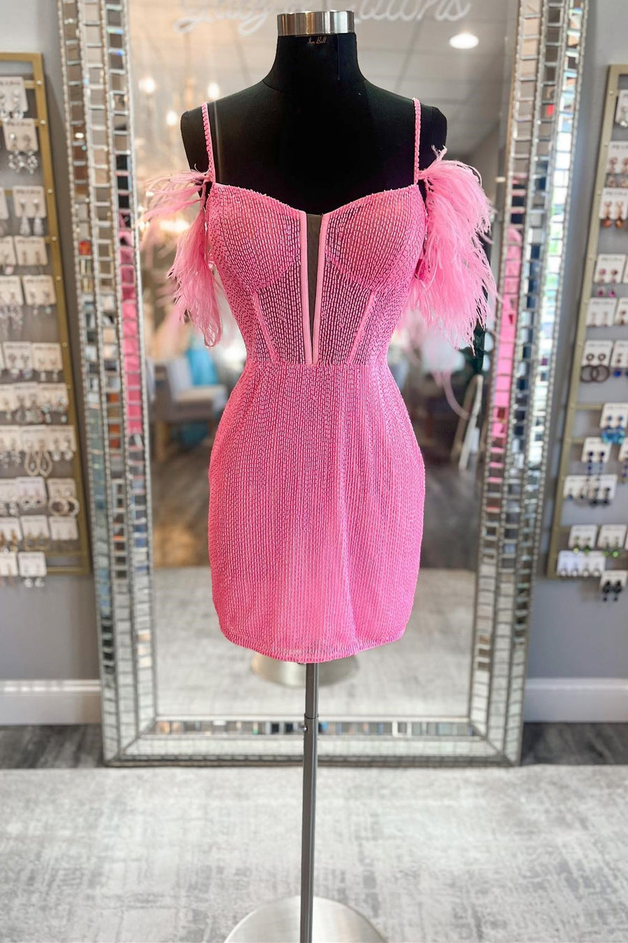 Feather Cold Sleeve Beaded Short Homecoming Dress