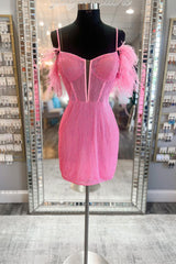 Feather Cold Sleeve Beaded Short Homecoming Dress
