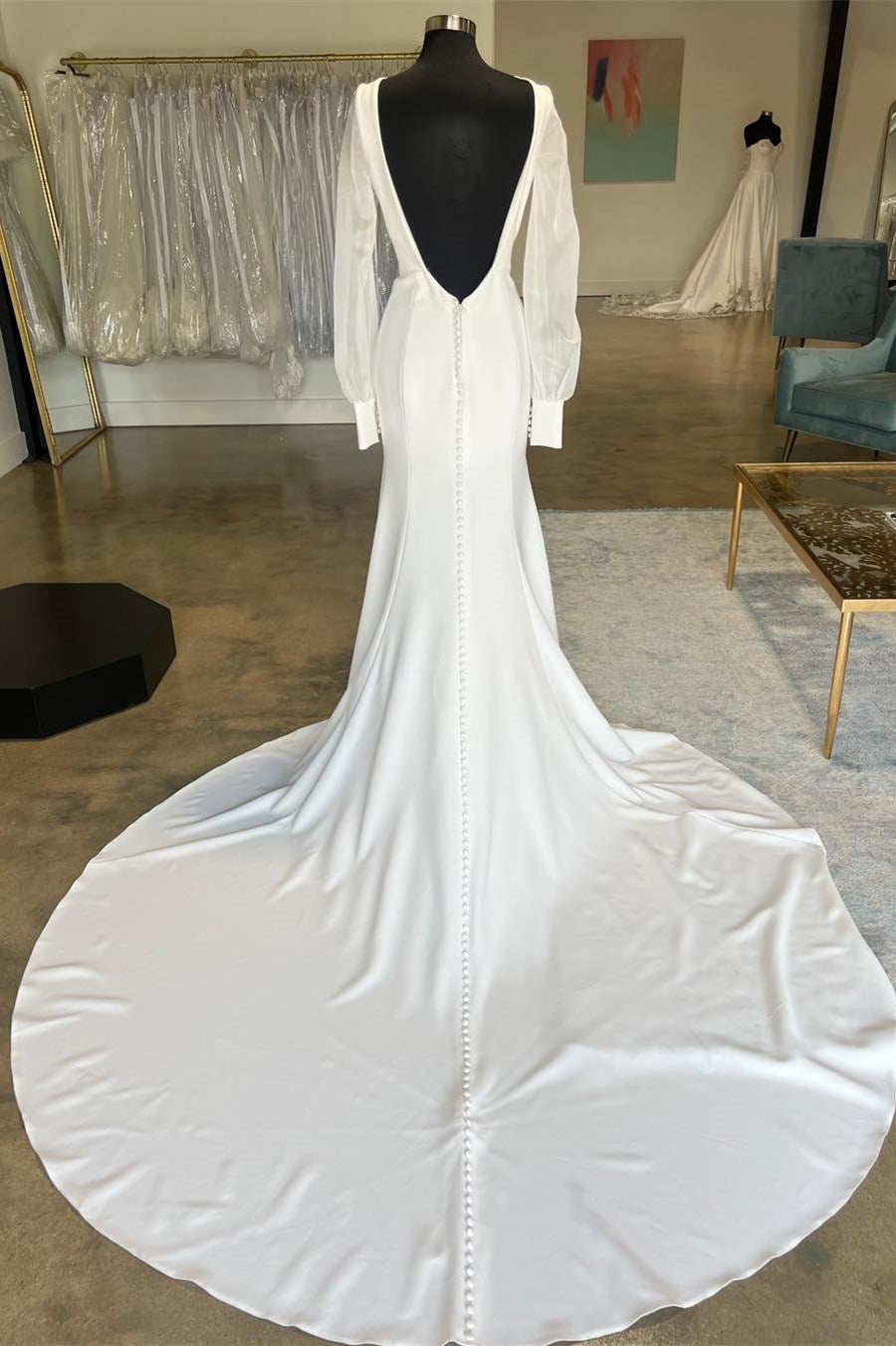 White Open Back Long Wedding Dress with Long Sleeves