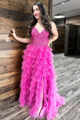 Gorgeous A Line V Neck Fuchsia/Royal Blue Long Prom Dress with Appliques