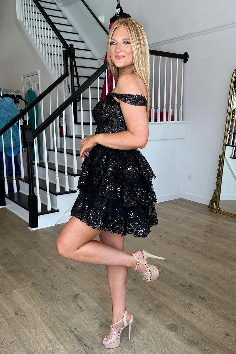 A Line Fchsia Homecoming Dress Seeing Sparkles Off the Shoulder with Ruffles