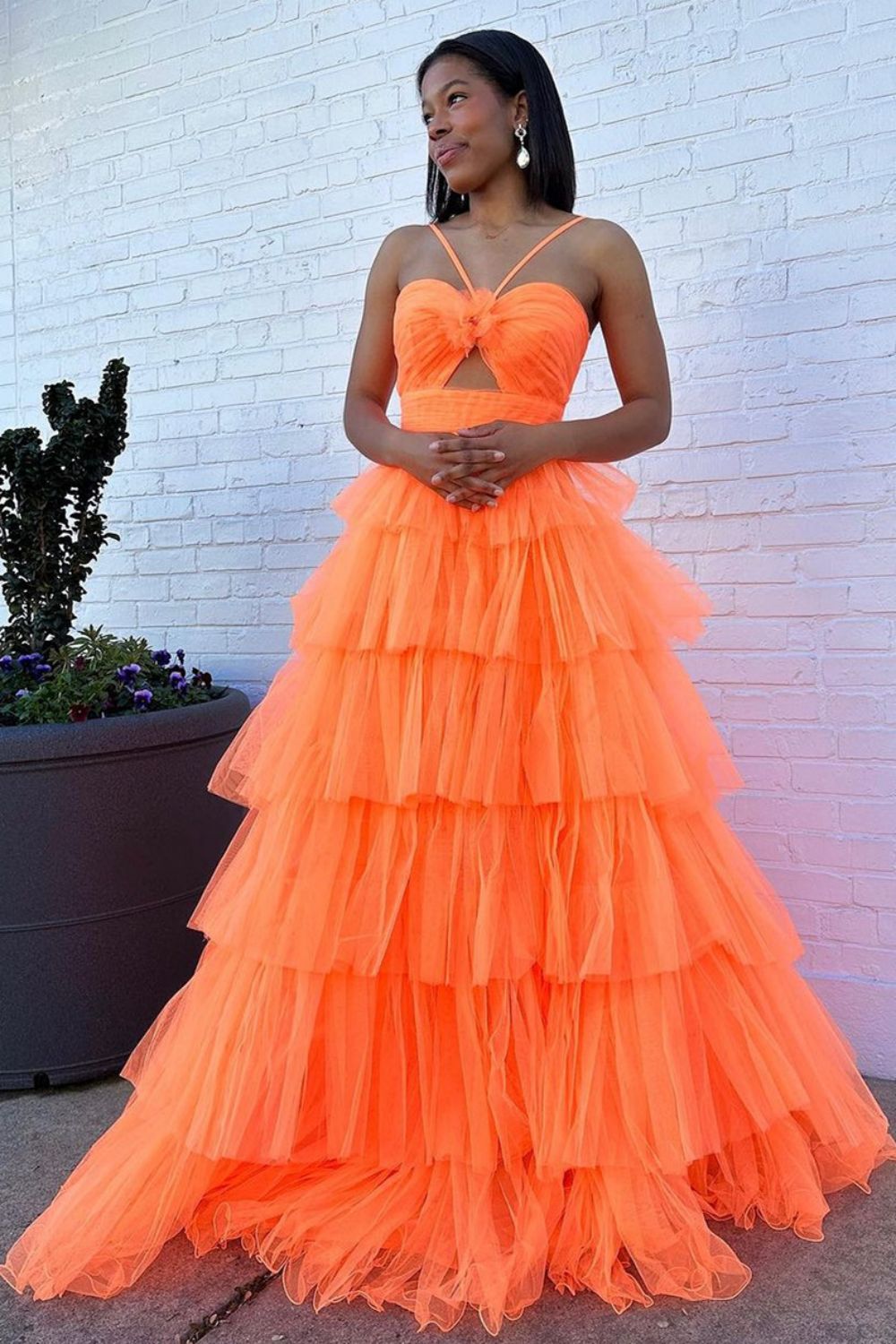 Stylish A Line Halter Neck Orange Long Prom Dress with Ruffles