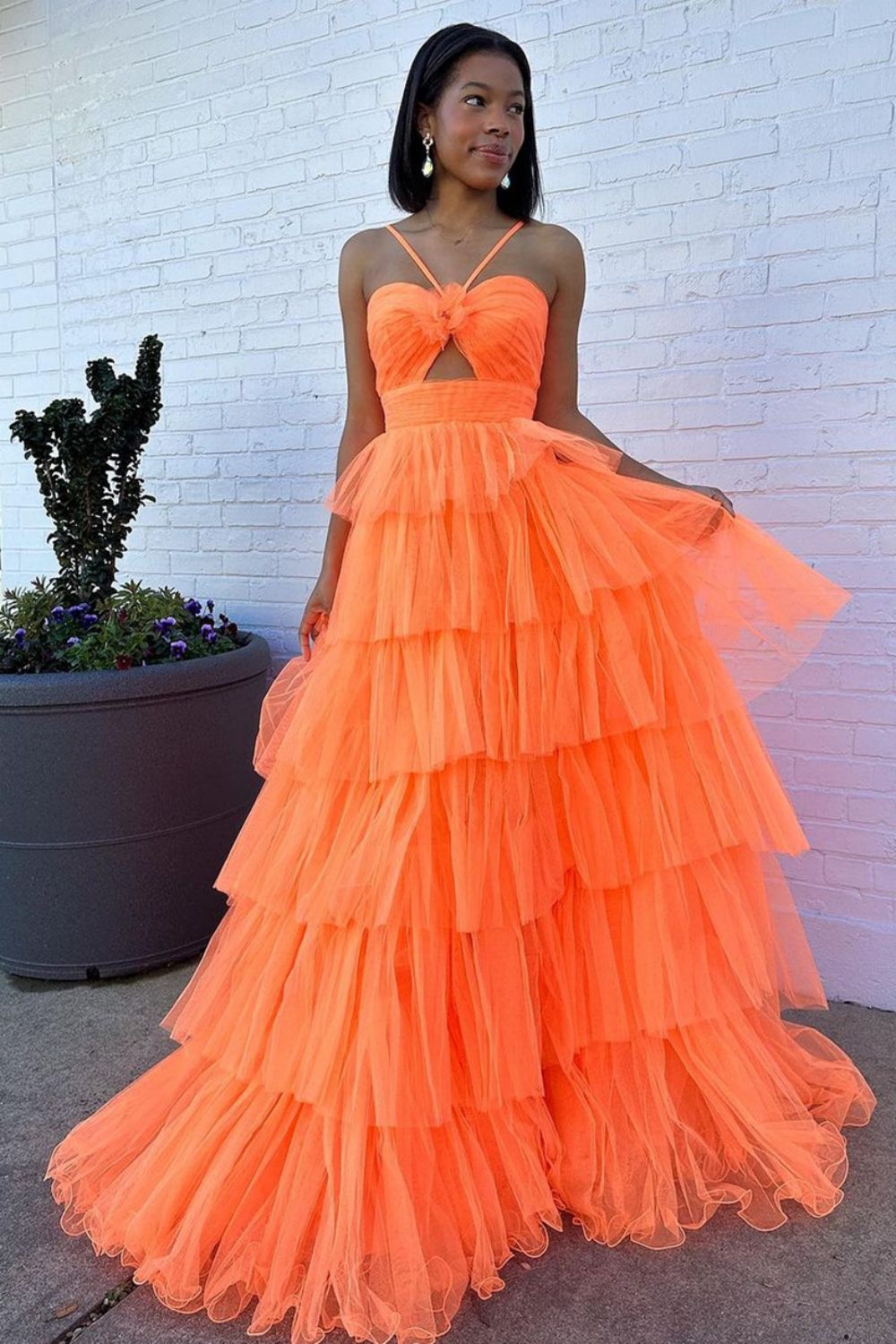 Stylish A Line Halter Neck Orange Long Prom Dress with Ruffles