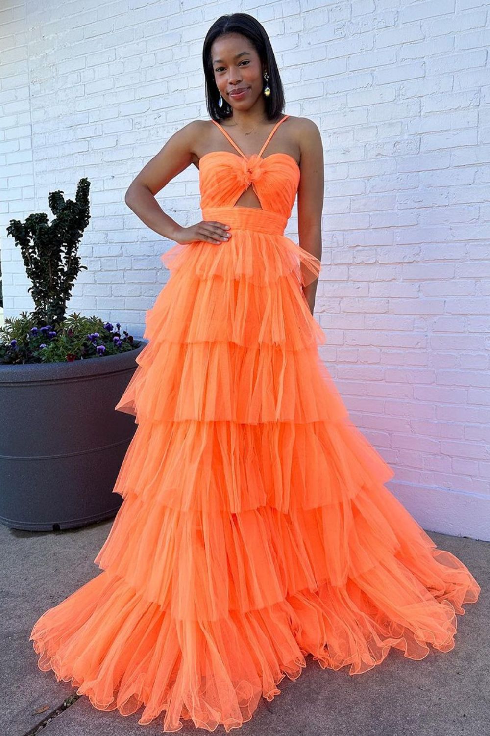 Stylish A Line Halter Neck Orange Long Prom Dress with Ruffles