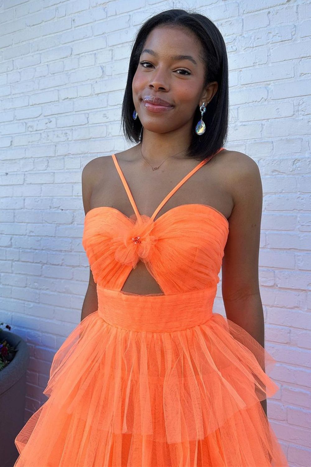 Stylish A Line Halter Neck Orange Long Prom Dress with Ruffles