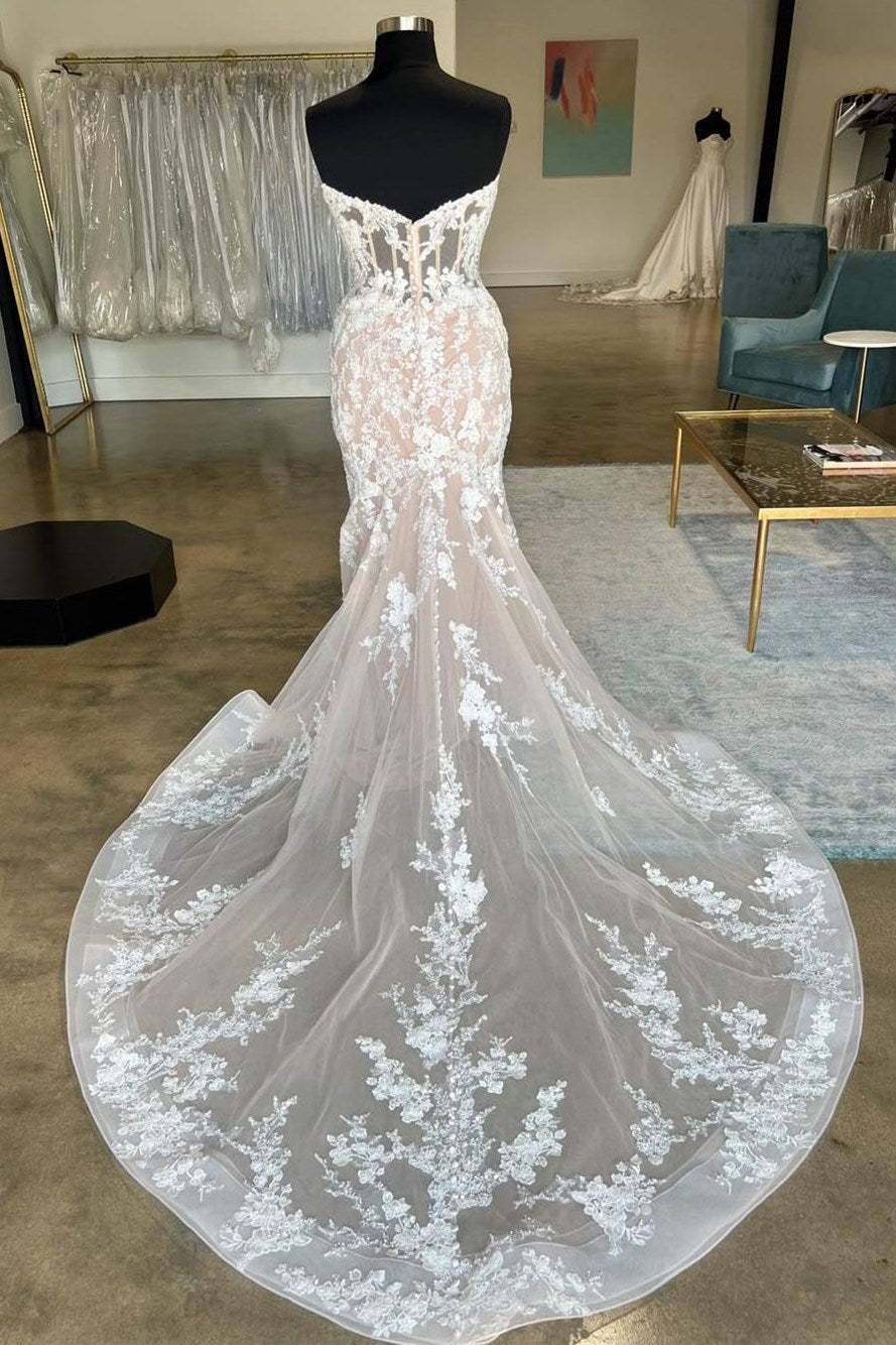 Ivory Strapless Floral Lace Trumpet Long Bridal Gown