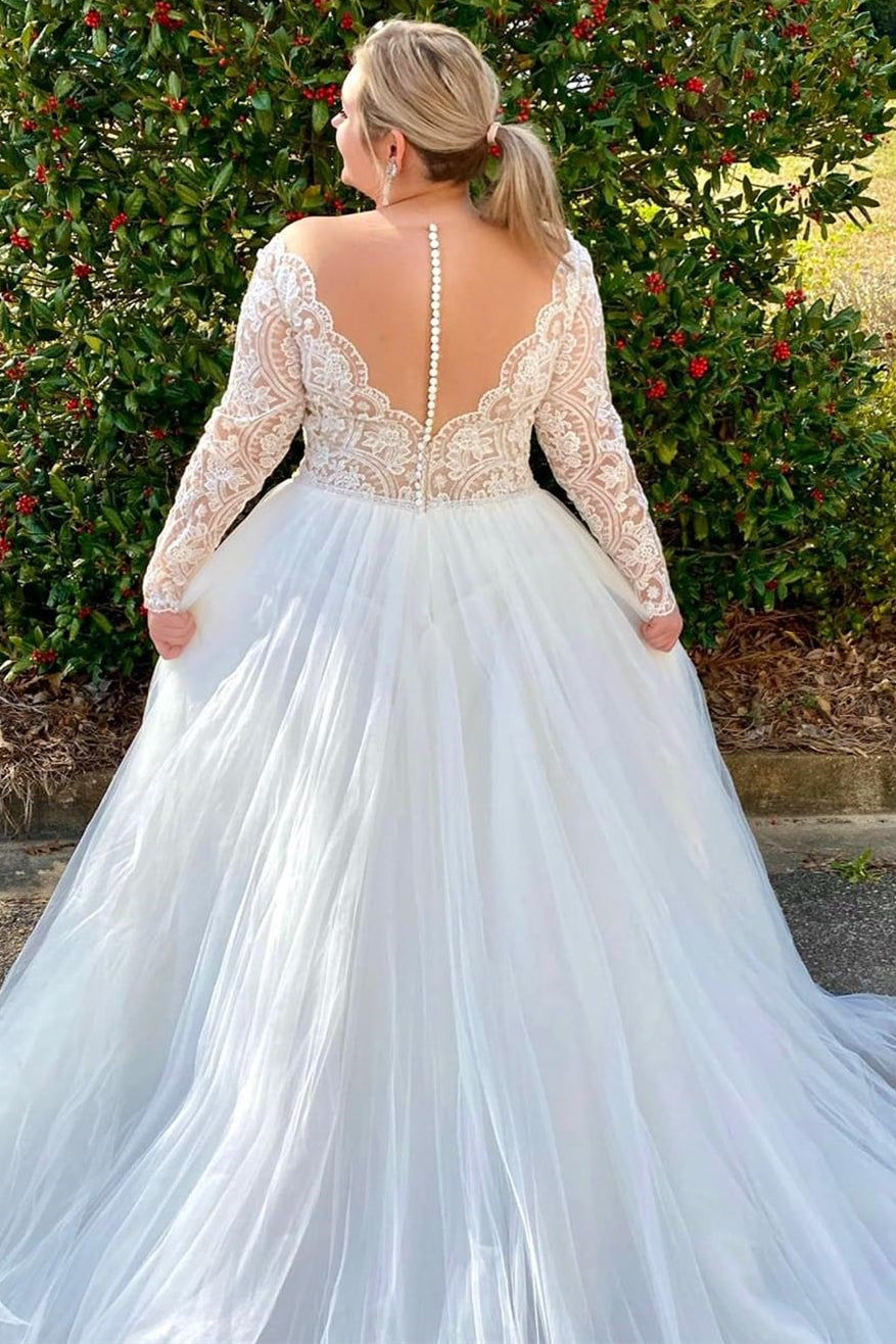 White Lace V-Neck Long Sleeve Backless Wedding Dress