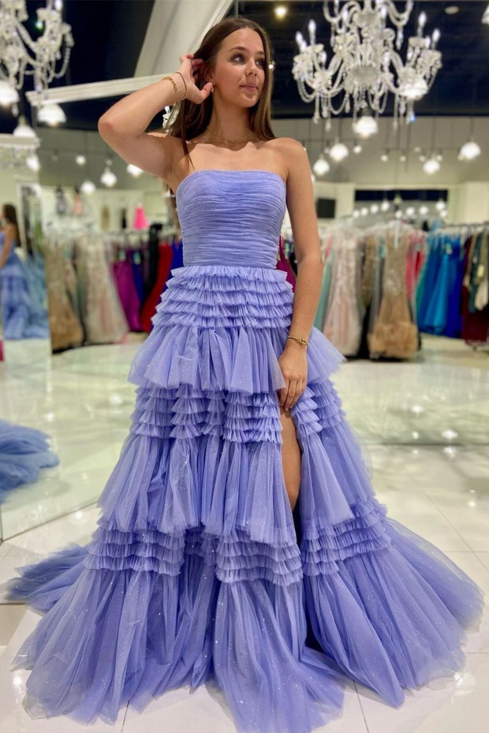 A Line Strapless Fuchsia Long Prom Dress with Ruffles