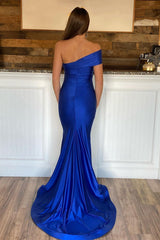 Royal Blue Off the Shoulder Mermaid High Slit Long Prom Dress