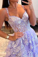 Gorgeous A Line Sweetheart Light Purple Corset Prom Dress with Ruffles