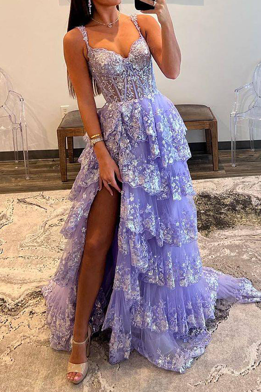 Gorgeous A Line Sweetheart Light Purple Corset Prom Dress with Ruffles