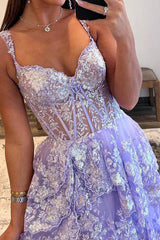 Gorgeous A Line Sweetheart Light Purple Corset Prom Dress with Ruffles