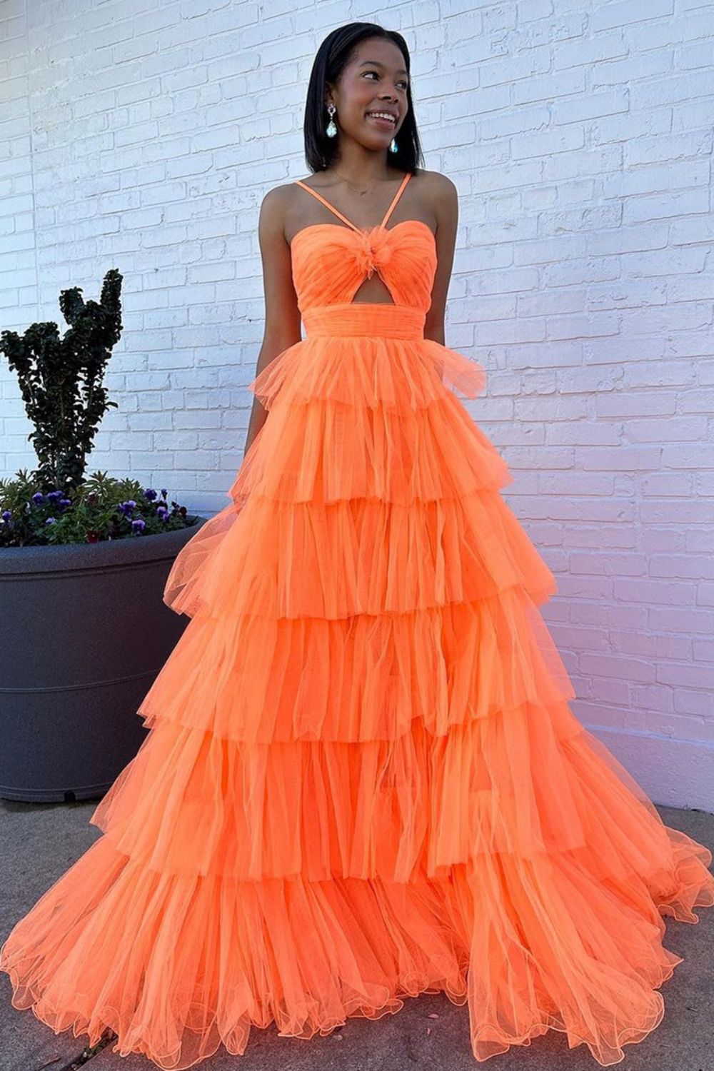 Stylish A Line Halter Neck Orange Long Prom Dress with Ruffles