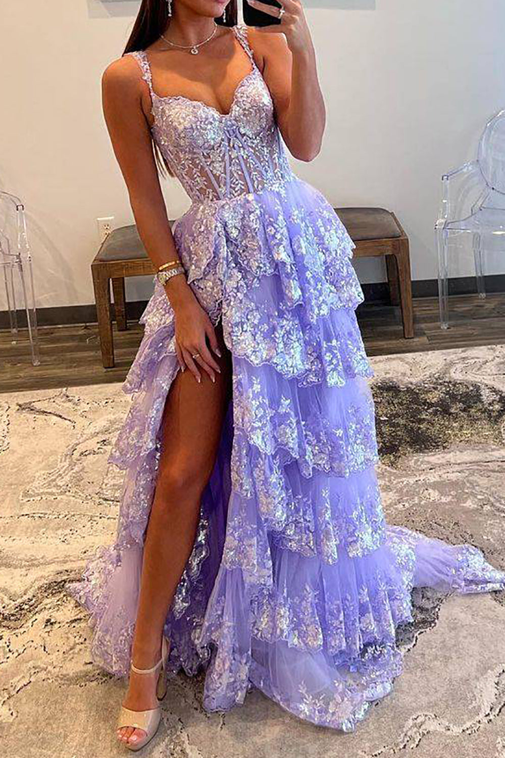 Gorgeous A Line Sweetheart Light Purple Corset Prom Dress with Ruffles