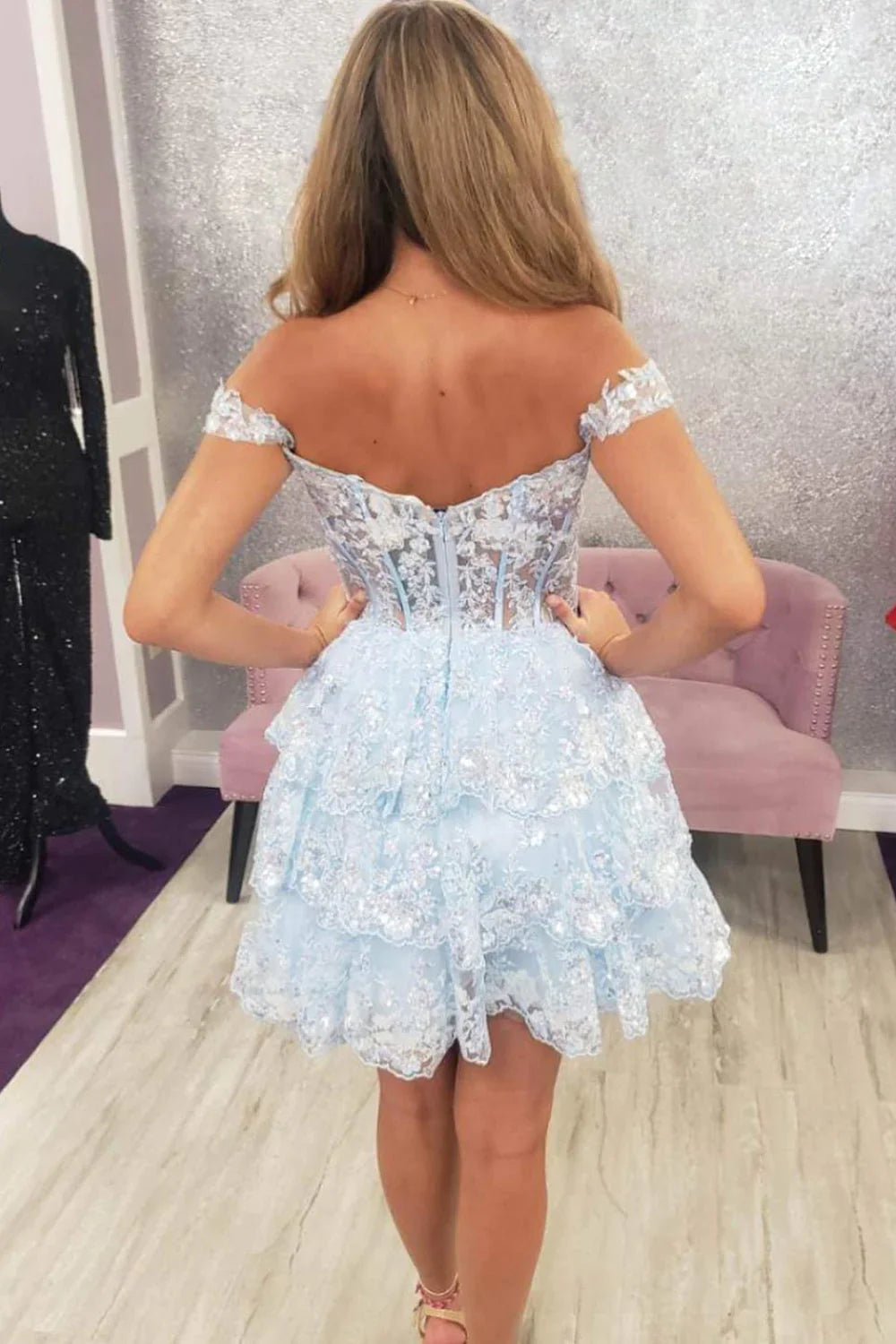 A Line Fchsia Homecoming Dress Seeing Sparkles Off the Shoulder with Ruffles