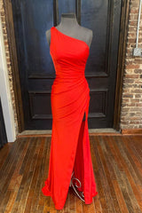 Hot Pink One Shoulder Satin Formal Dress with Slit