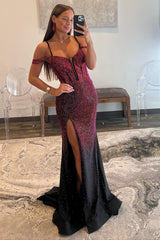 Luxurious Burgundy Mermaid Off The Shoulder Long Corset Beaded Prom Dress
