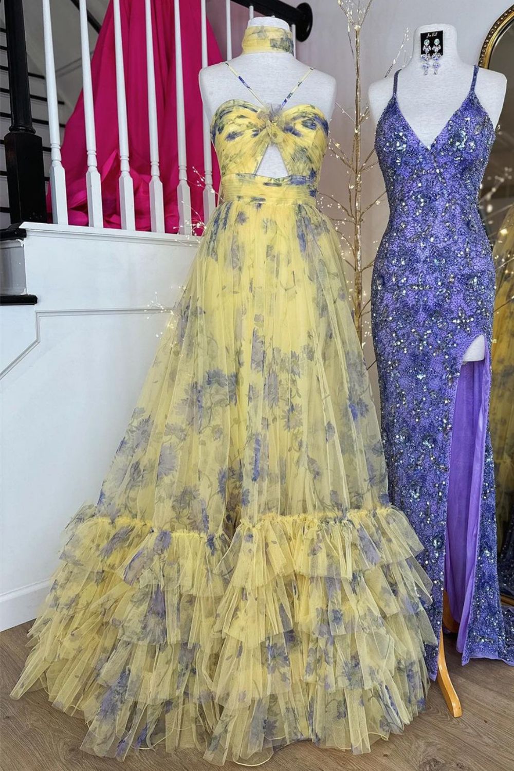 Stylish A Line Halter Neck Yellow Printed Tulle Long Prom Dress with Keyhole