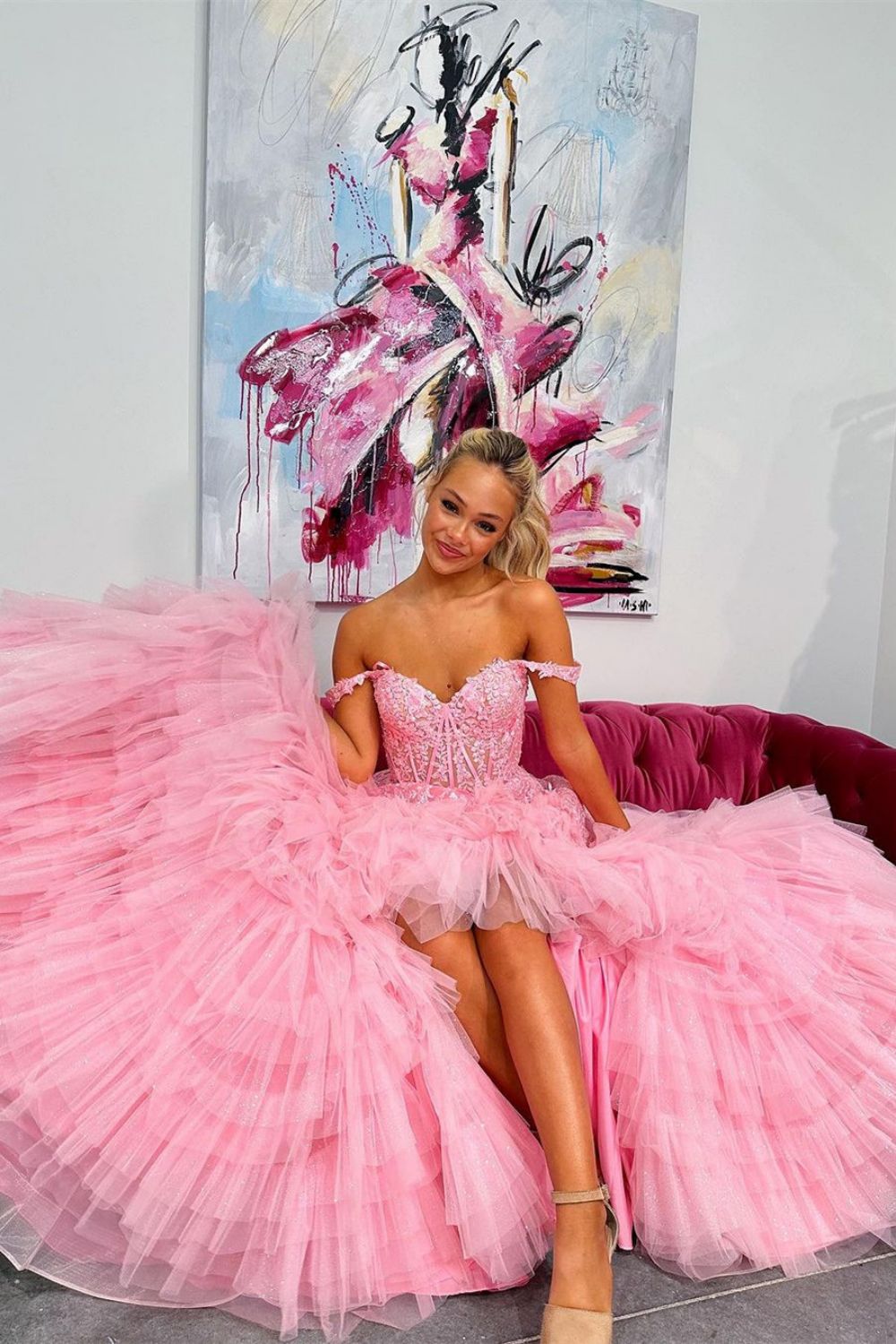 Princess A Line Off the Shoulder Pink Corset Prom Dress with Appliques