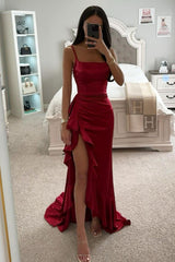 Elastic Satin Red Mermaid Spaghetti Straps Long Prom Dress with Ruffles
