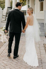 Simple White Satin Plunge Neck Backless Sheath Wedding Dress
