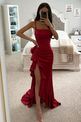 Elastic Satin Red Mermaid Spaghetti Straps Long Prom Dress with Ruffles