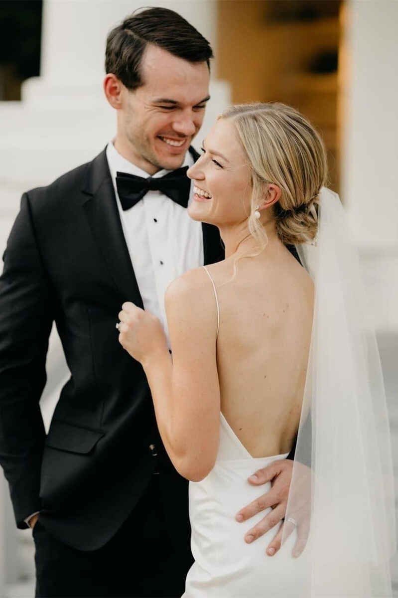 Simple White Satin Plunge Neck Backless Sheath Wedding Dress