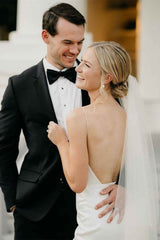 Simple White Satin Plunge Neck Backless Sheath Wedding Dress