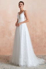 White Pearls V-Neck Backless A-Line Wedding Dress