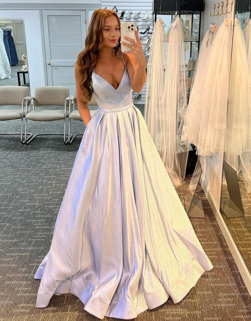 Sexy Glitter V Neck Spaghetti Straps Long Prom Dress