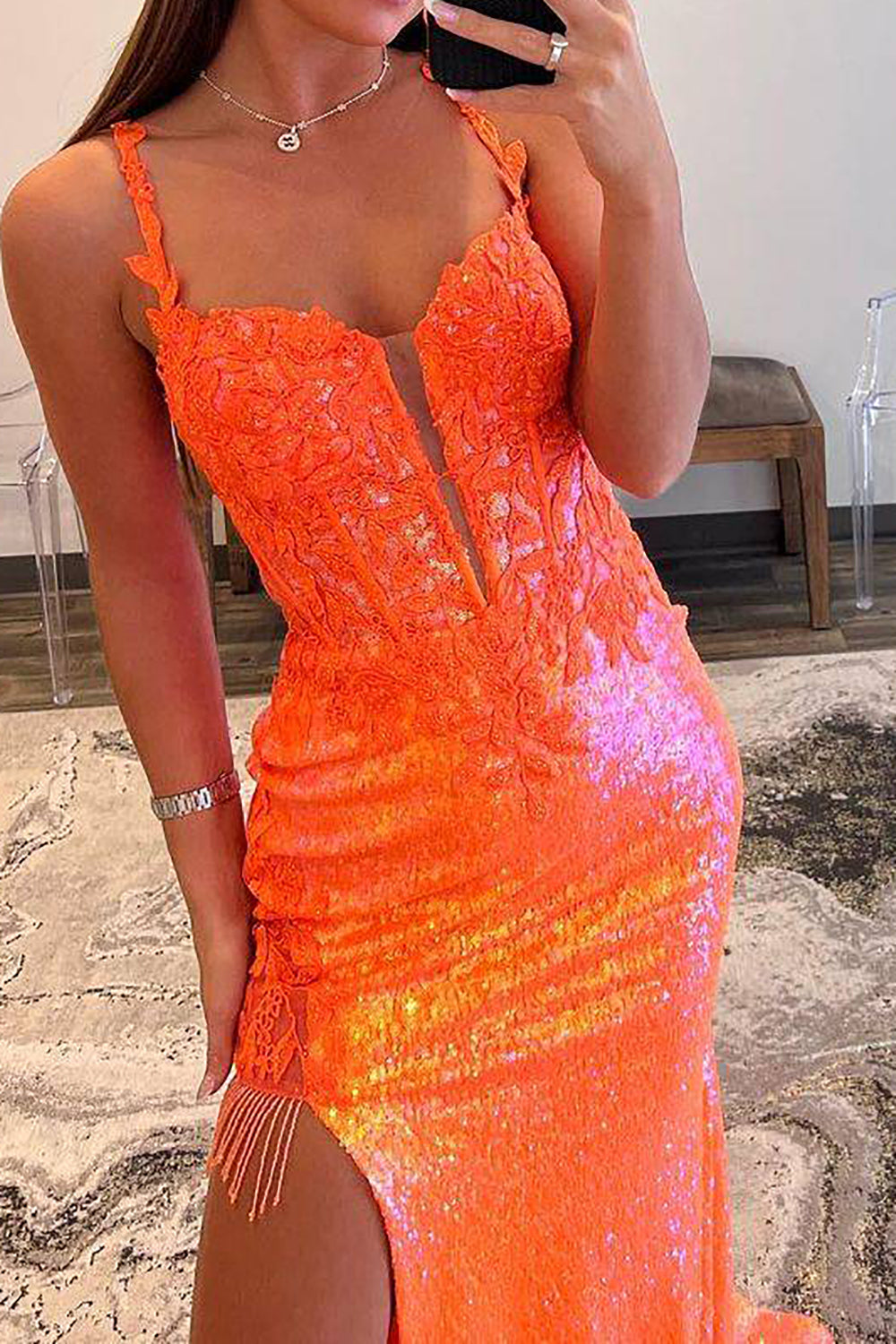Gorgeous Mermaid Spaghetti Straps Orange Sequins Long Prom Dress with Appliques