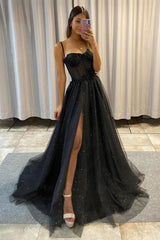 Beautiful A Line Spaghetti Straps Black Long Prom Dress